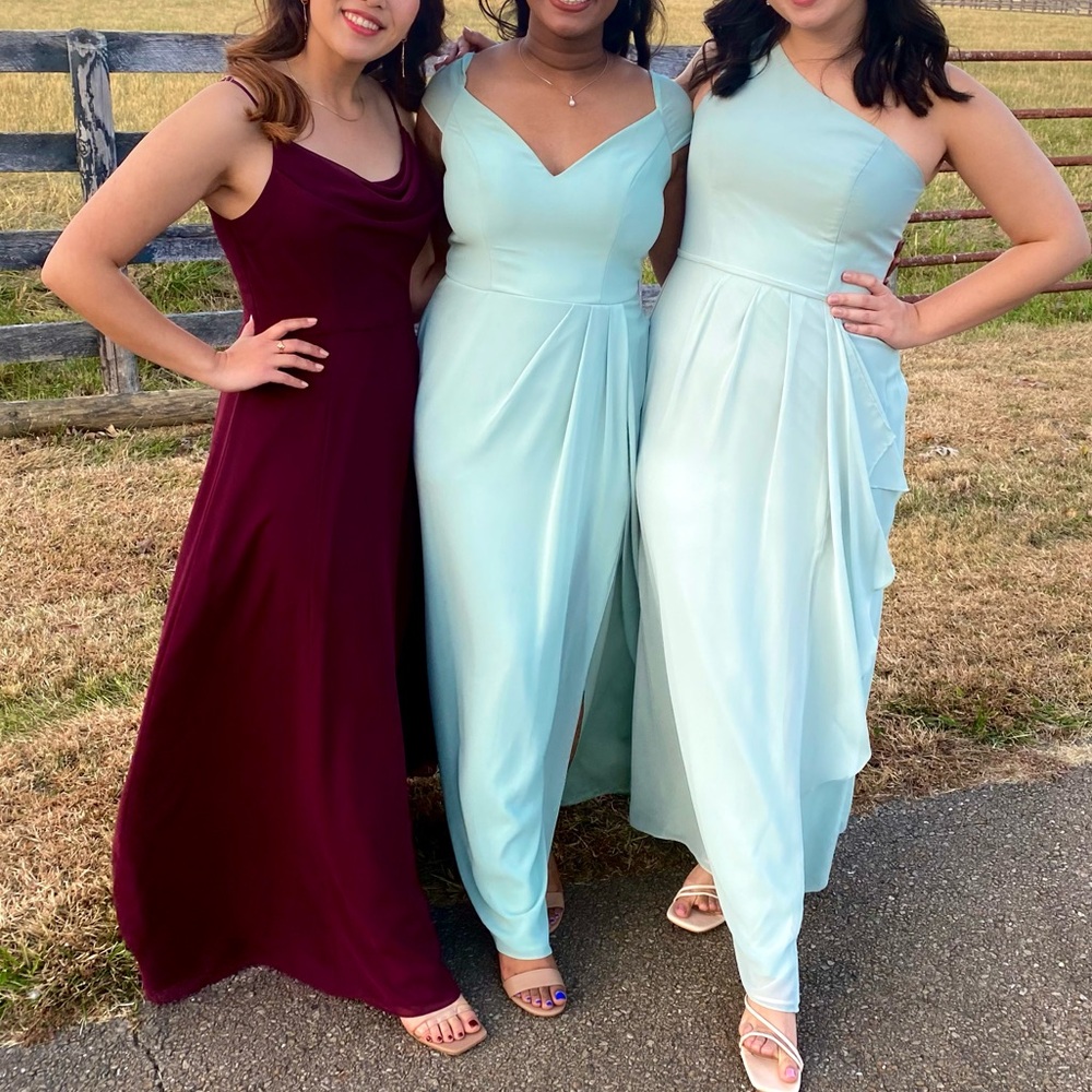 DAVID’S BRIDAL COWL NECK CHIFFON BRIDESMAID DRESS W/ SLIT